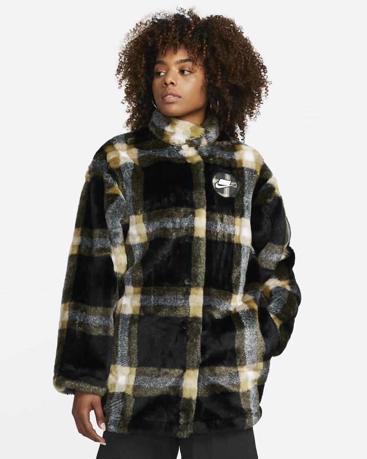 Chaquetas Nike Sportswear Faux-Fur Mujer Negras Blancas | TPSHI-0798