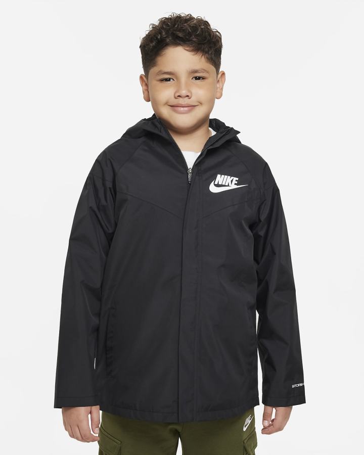 Chaquetas Nike Sportswear Storm-FIT Windrunner Kids Niño Negras Blancas | LKXCS-5203