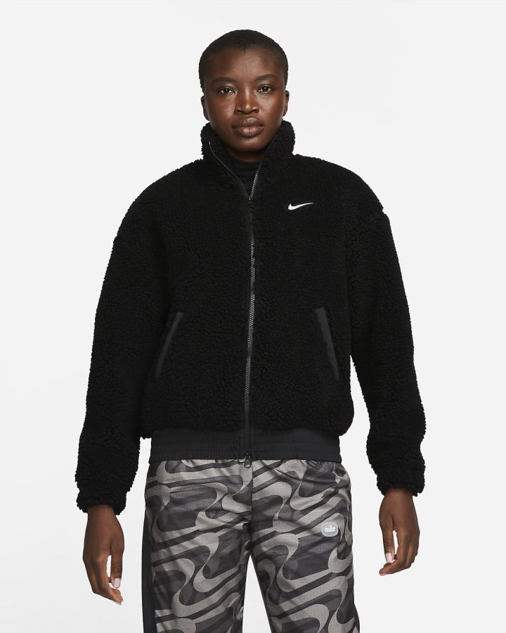 Chaquetas Nike Sportswear Swoosh Plush Mujer Negras Blancas | BXKWC-7065
