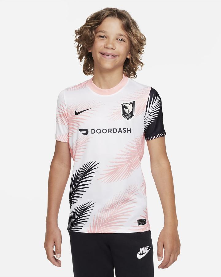Jersey Nike Angel City FC 2022/23 Stadium Away Kids Dri-FIT Soccer Niño Blancas Coral Gris Oscuro Negras | AXRMC-7508
