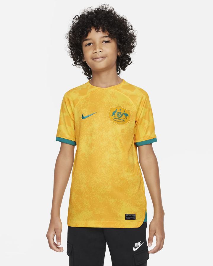 Jersey Nike Australia 2022/23 Stadium Home Kids Dri-FIT Soccer Niño Amarillo Doradas Verde | OSELV-8142