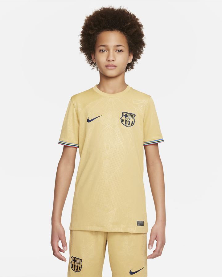 Jersey Nike FC Barcelona 2022/23 Stadium Away Kids Dri-FIT Soccer Niño Doradas Obsidian | NTYCO-0365