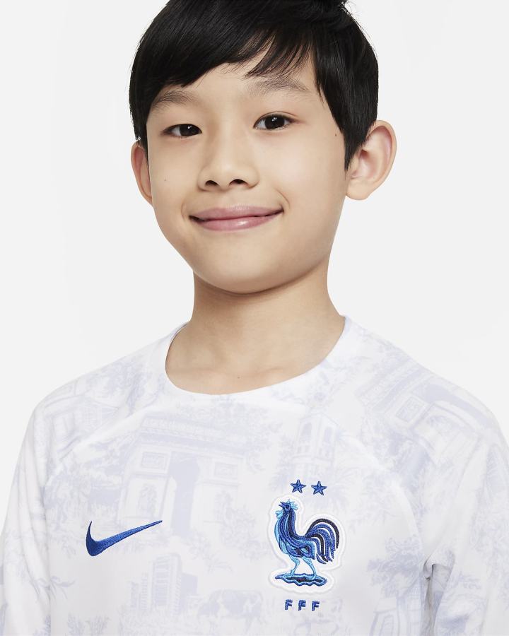 Jersey Nike FFF 2022/23 Stadium Away Kids Dri-FIT Soccer Niña Blancas Azul Real | CSXDU-0375