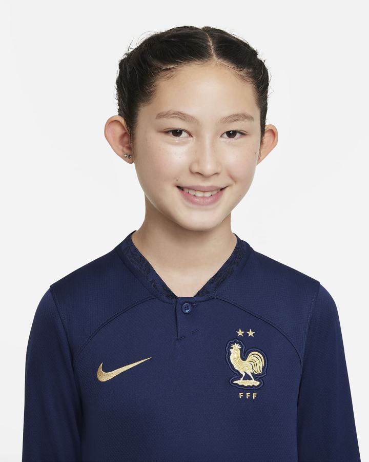 Jersey Nike FFF 2022/23 Stadium Home Kids Dri-FIT Long-Sleeve Soccer Niño Azul Marino Metal Doradas | NBPXE-4291