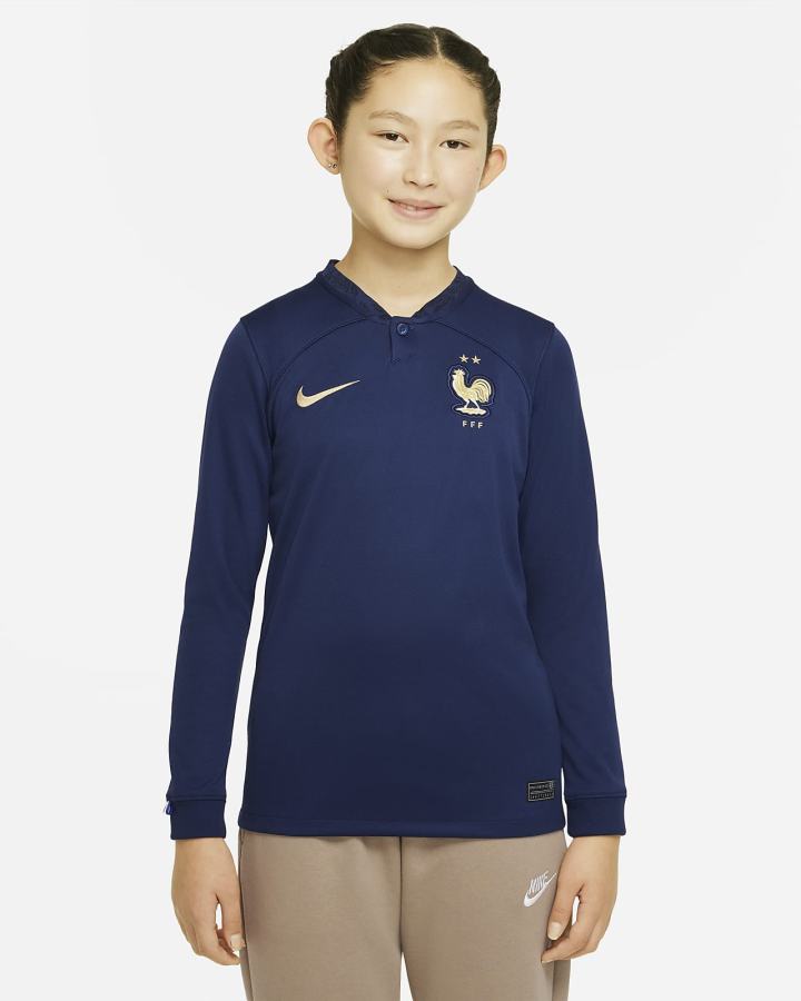 Jersey Nike FFF 2022/23 Stadium Home Kids Dri-FIT Long-Sleeve Soccer Niño Azul Marino Metal Doradas | NBPXE-4291