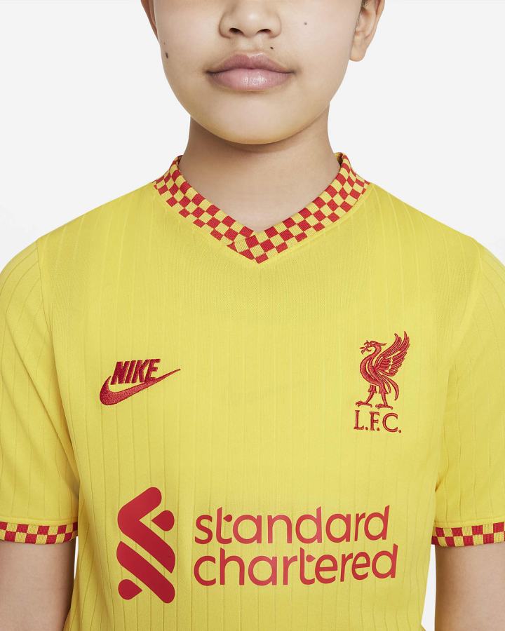 Jersey Nike Liverpool FC 2021/22 Stadium Third Kids Dri-FIT Soccer Niña Amarillo Rojas | JRLEV-9510