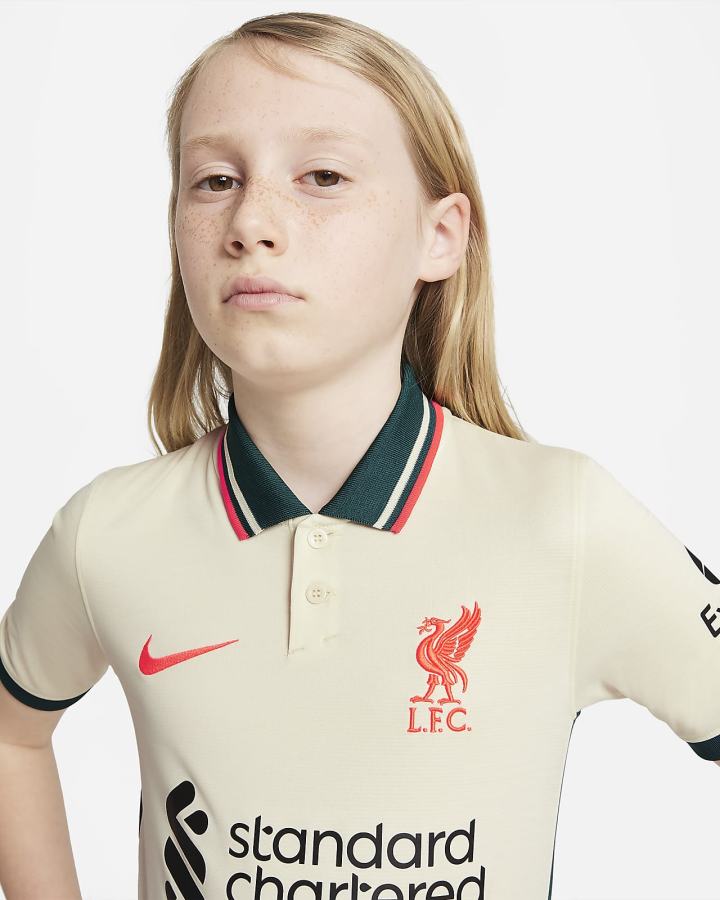 Jersey Nike Liverpool FC 2021/22 Stadium Away Kids Soccer Niño Blancas Kaki Rojas Claro | KFUPB-7439