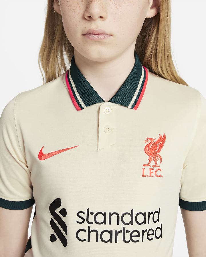 Jersey Nike Liverpool FC 2021/22 Stadium Away Kids Soccer Niño Blancas Kaki Rojas Claro | KFUPB-7439
