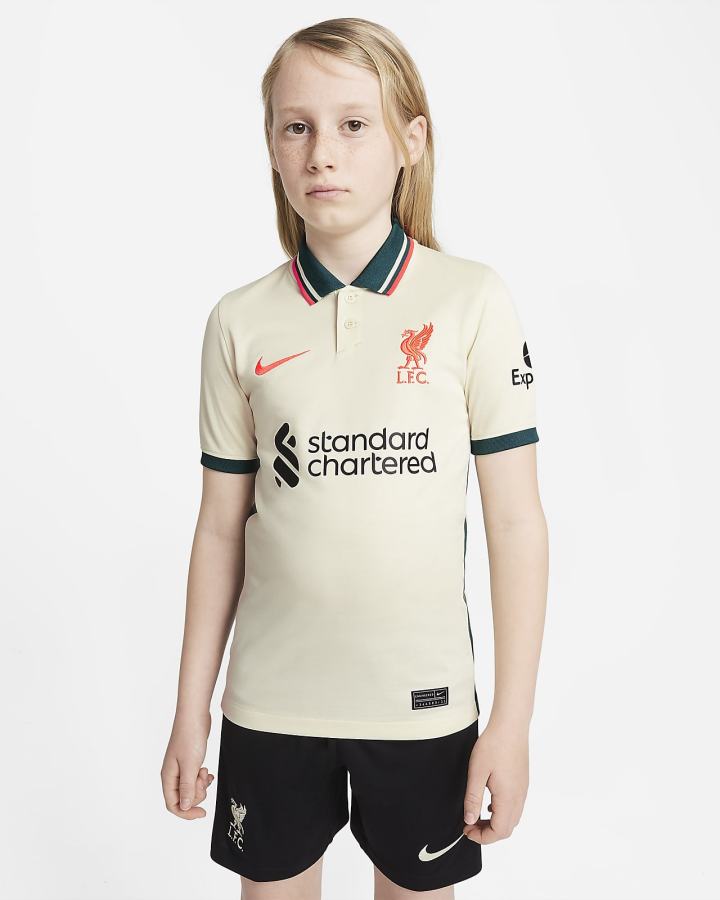 Jersey Nike Liverpool FC 2021/22 Stadium Away Kids Soccer Niño Blancas Kaki Rojas Claro | KFUPB-7439