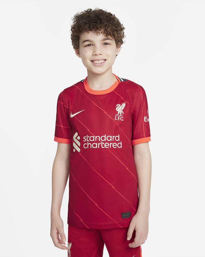 Jersey Nike Liverpool FC 2021/22 Stadium Home Kids Soccer Niño Rojas Rojas Claro Kaki | URGVQ-4068
