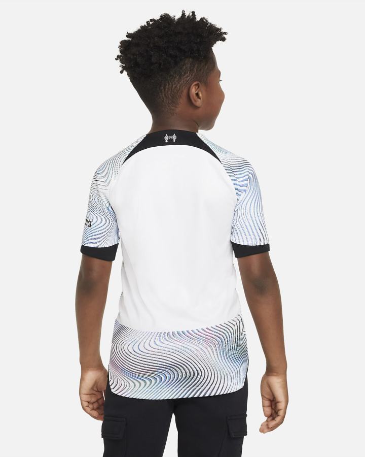 Jersey Nike Liverpool FC 2022/23 Stadium Away Kids Dri-FIT Soccer Niño Blancas Negras | YTNUJ-0615