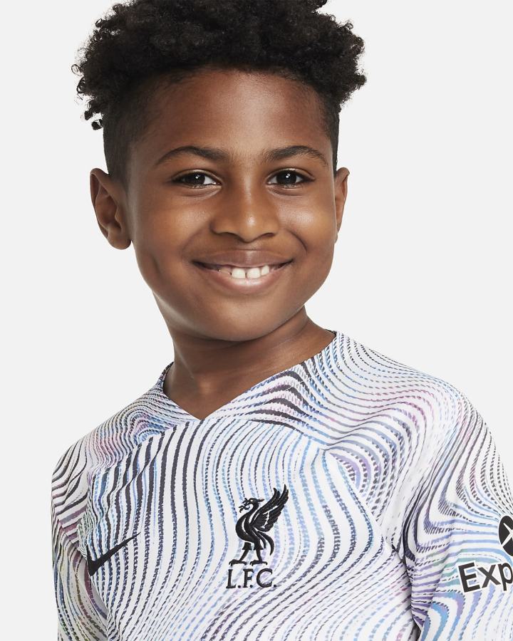 Jersey Nike Liverpool FC 2022/23 Stadium Away Kids Dri-FIT Soccer Niño Blancas Negras | YTNUJ-0615