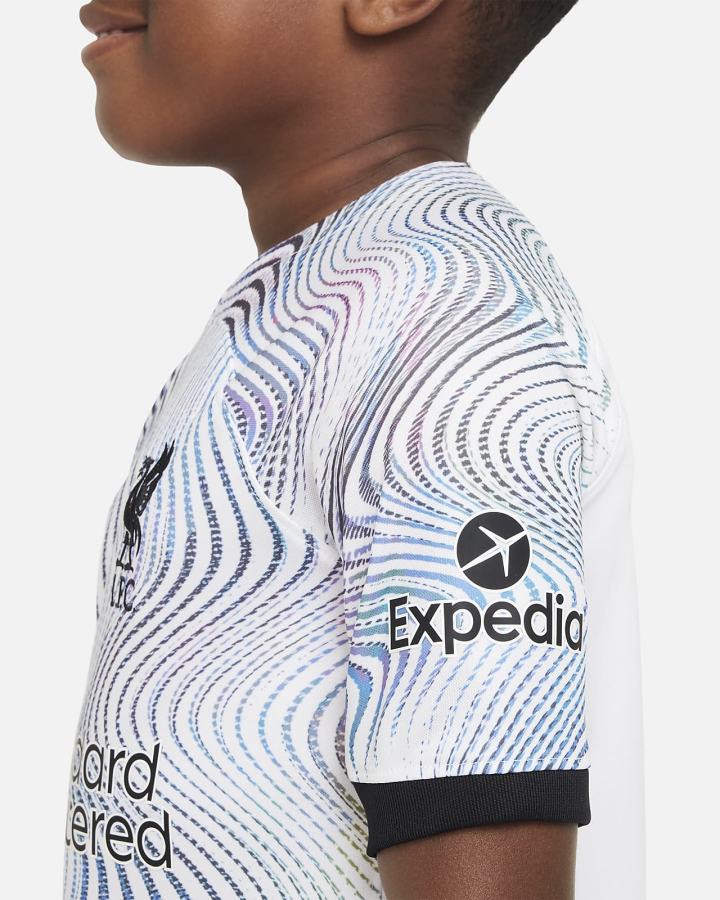 Jersey Nike Liverpool FC 2022/23 Stadium Away Kids Dri-FIT Soccer Niño Blancas Negras | YTNUJ-0615