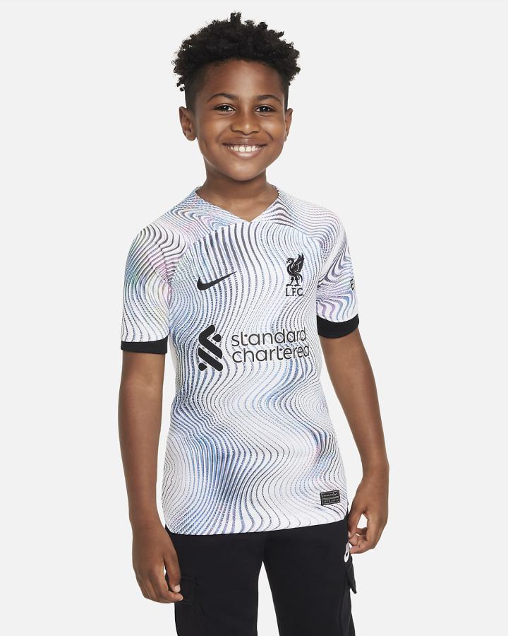 Jersey Nike Liverpool FC 2022/23 Stadium Away Kids Dri-FIT Soccer Niño Blancas Negras | YTNUJ-0615