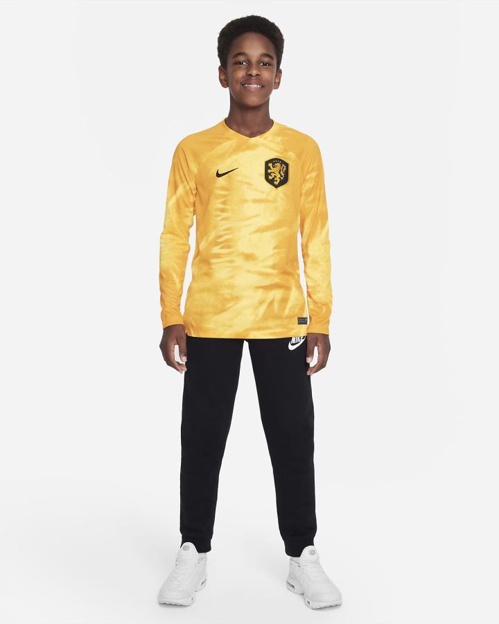Jersey Nike Netherlands 2022/23 Stadium Home Kids Dri-FIT Long-Sleeve Soccer Niño Naranjas Negras | CMUWT-0951