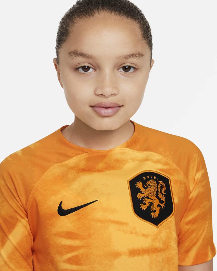 Jersey Nike Netherlands 2022/23 Stadium Home Kids Dri-FIT Soccer Niño Naranjas Negras | LZBWH-5307