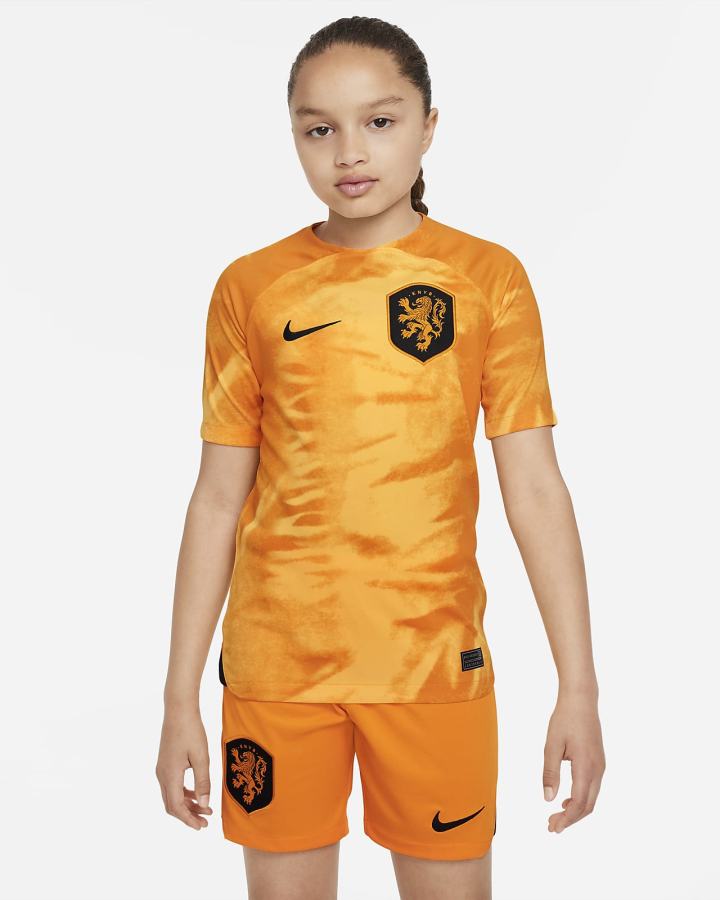 Jersey Nike Netherlands 2022/23 Stadium Home Kids Dri-FIT Soccer Niño Naranjas Negras | LZBWH-5307