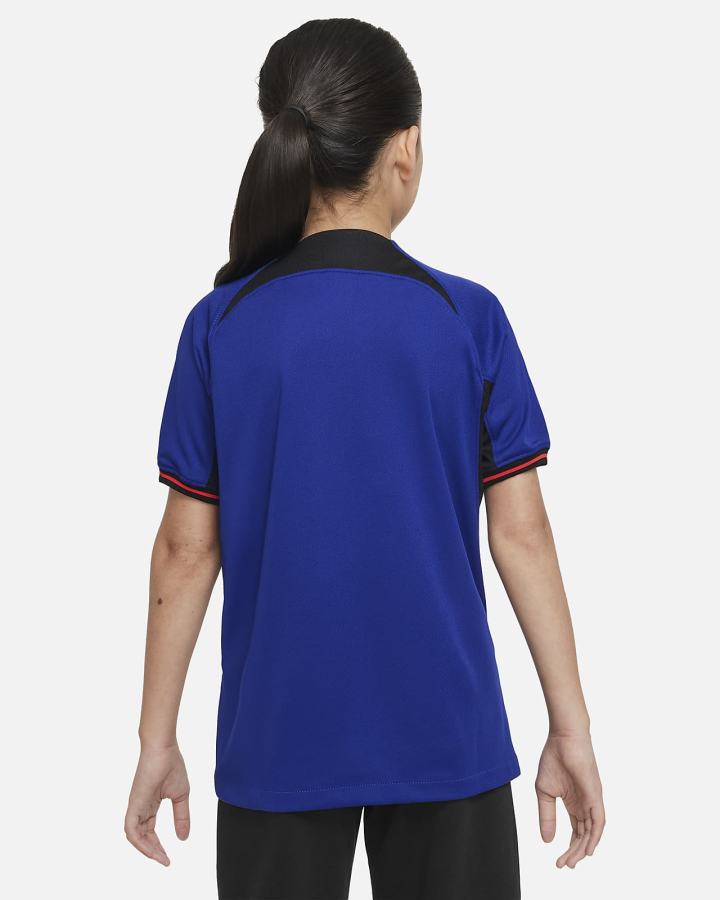 Jersey Nike Netherlands 2022/23 Stadium Away Kids Dri-FIT Soccer Niño Azul Real Oscuro Azules Negras Rojas | OYPQB-9081