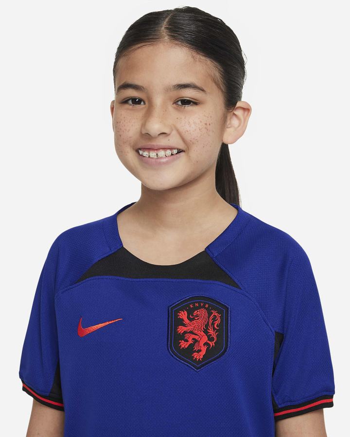 Jersey Nike Netherlands 2022/23 Stadium Away Kids Dri-FIT Soccer Niño Azul Real Oscuro Azules Negras Rojas | OYPQB-9081