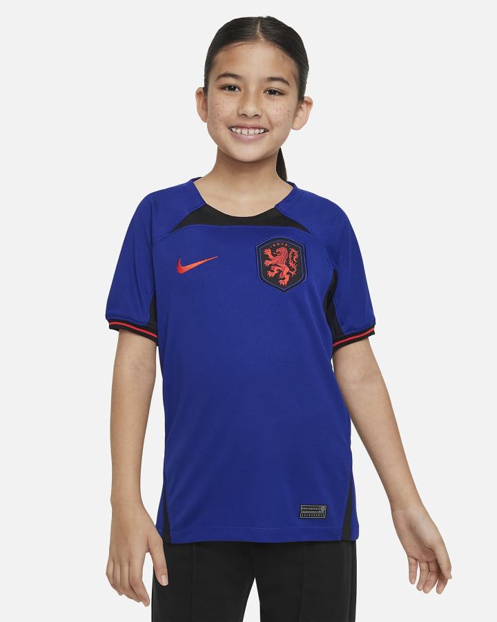 Jersey Nike Netherlands 2022/23 Stadium Away Kids Dri-FIT Soccer Niño Azul Real Oscuro Azules Negras Rojas | OYPQB-9081