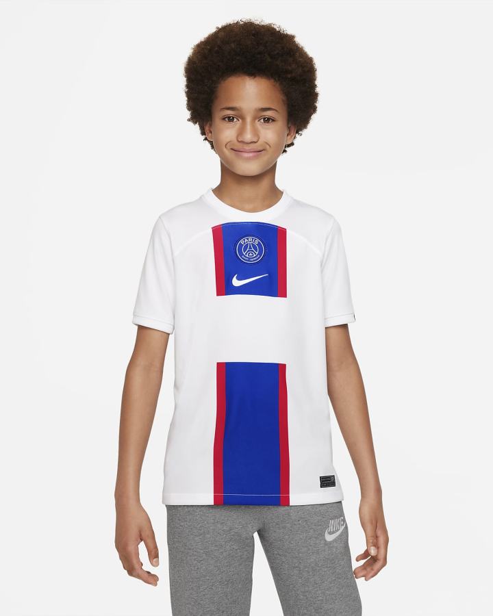 Jersey Nike Paris Saint-Germain 2022/23 Stadium Third Kids Dri-FIT Soccer Niño Blancas Azul Real Blancas | IGMWD-2890