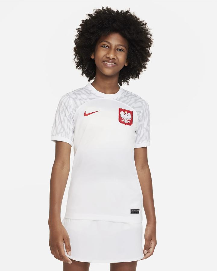 Jersey Nike Poland 2022/23 Stadium Home Kids Dri-FIT Soccer Niño Blancas Rojas | QCKUR-7560