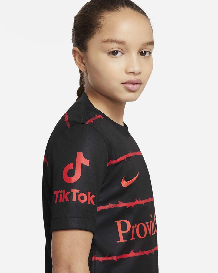 Jersey Nike Portland Thorns FC 2022 Stadium Home Kids Dri-FIT Soccer Niño Negras Rojas | FBAJQ-1065