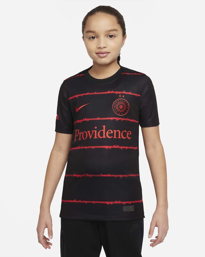 Jersey Nike Portland Thorns FC 2022 Stadium Home Kids Dri-FIT Soccer Niño Negras Rojas | FBAJQ-1065
