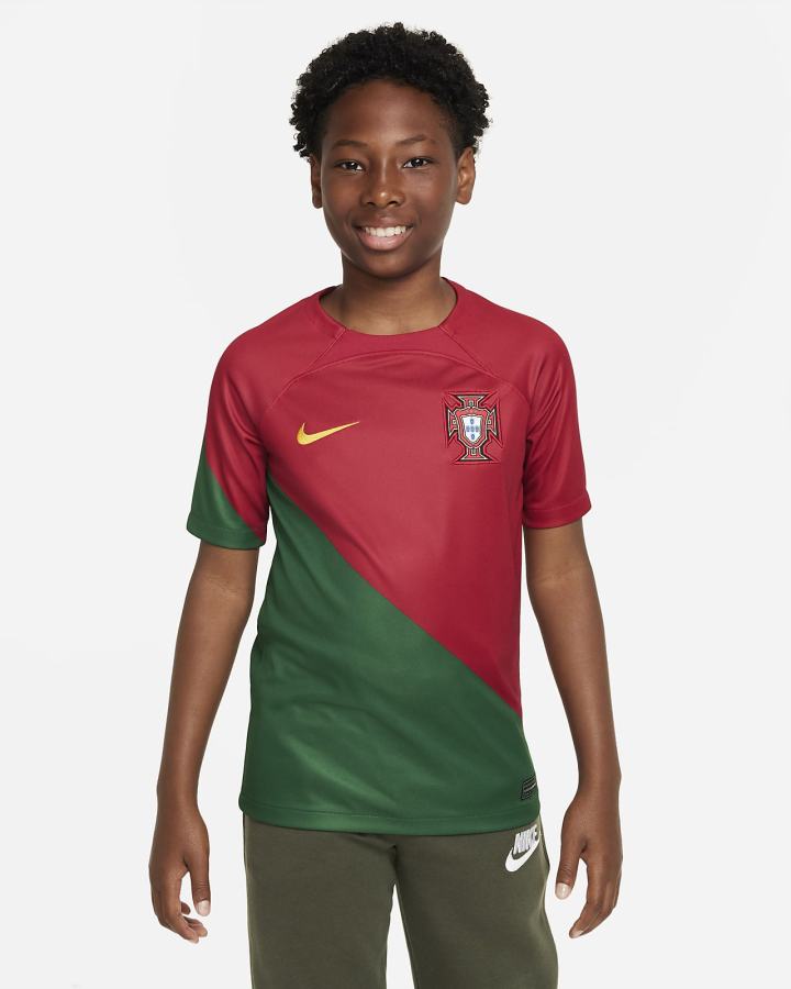 Jersey Nike Portugal 2022/23 Stadium Home Kids Dri-FIT Soccer Niño Rojas Doradas | CYNIW-6895