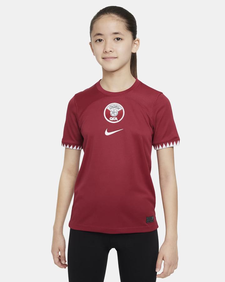 Jersey Nike Qatar 2022/23 Stadium Home Kids Dri-FIT Soccer Niño Burdeos Blancas | CRKSF-1957