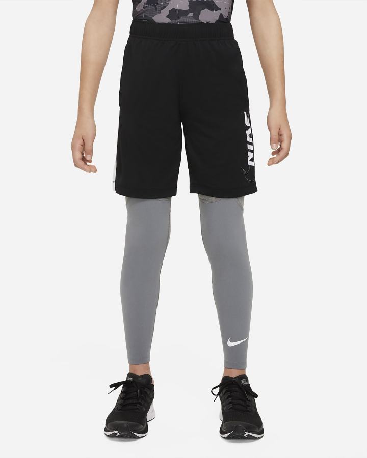 Leggins Nike Pro Dri-FIT Kids Niño Gris Oscuro Blancas | LSVFA-5602