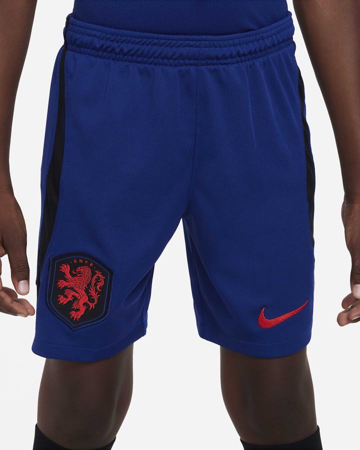 Pantalones Cortos Nike Netherlands 2022/23 Stadium Away Kids Dri-FIT Soccer Niño Azul Real Oscuro Azules Negras Rojas | GCFIQ-5102