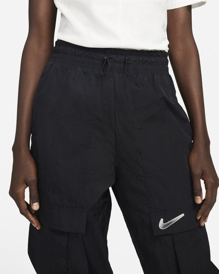 Pantalones Nike Sportswear Swoosh Mid-Rise Woven Mujer Negras Blancas | LYAZD-2396
