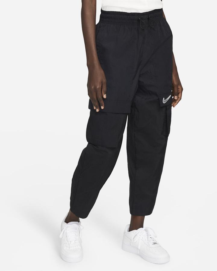 Pantalones Nike Sportswear Swoosh Mid-Rise Woven Mujer Negras Blancas | LYAZD-2396
