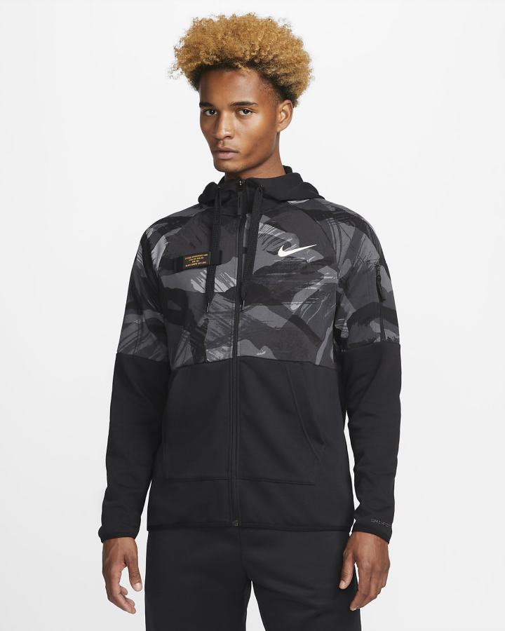Sudadera Con Capucha Nike Dri-FIT Fleece Full-Zip Camo Fitness Hombre Negras | SDEBZ-8190