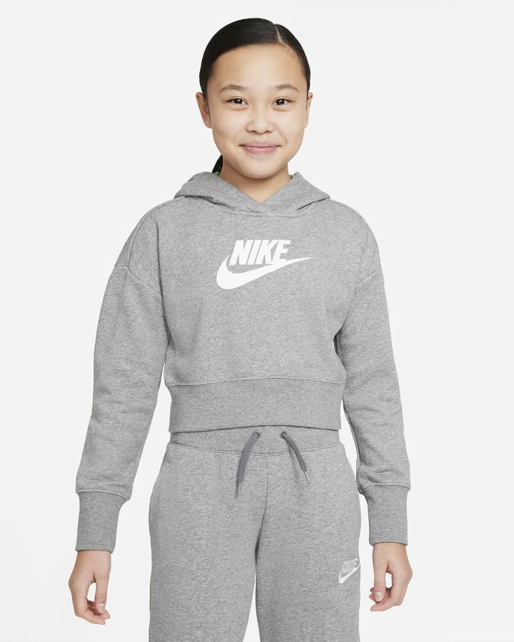 Sudadera Con Capucha Nike Sportswear Club Kids French Terry Cropped (Extended Size) Niña Gris Oscuro Blancas | FXHPS-5706