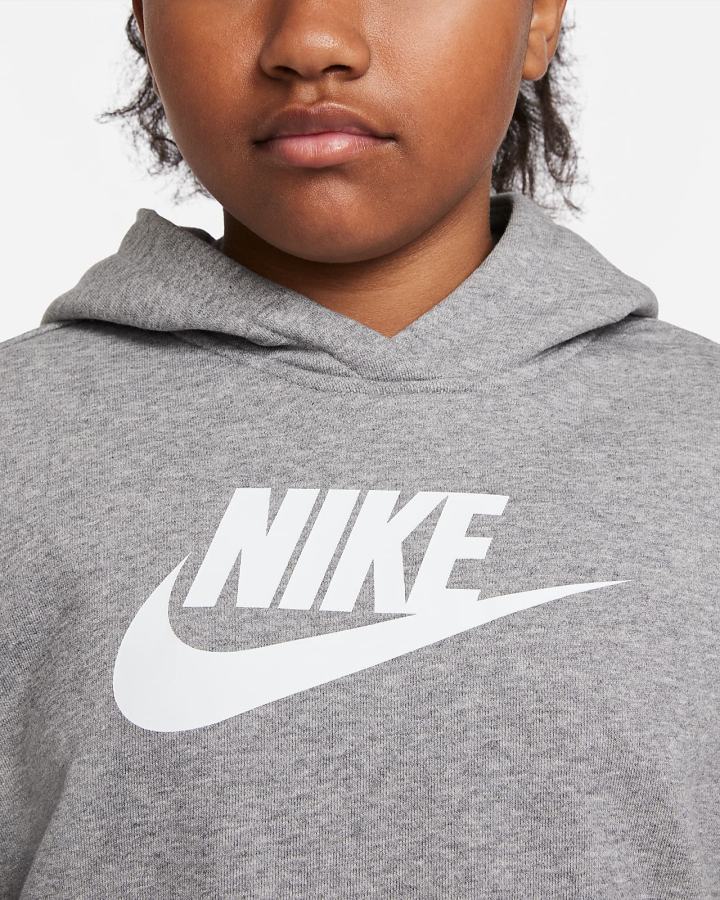 Sudadera Con Capucha Nike Sportswear Club Kids French Terry Cropped (Extended Size) Niña Gris Oscuro Blancas | GNFHJ-0259