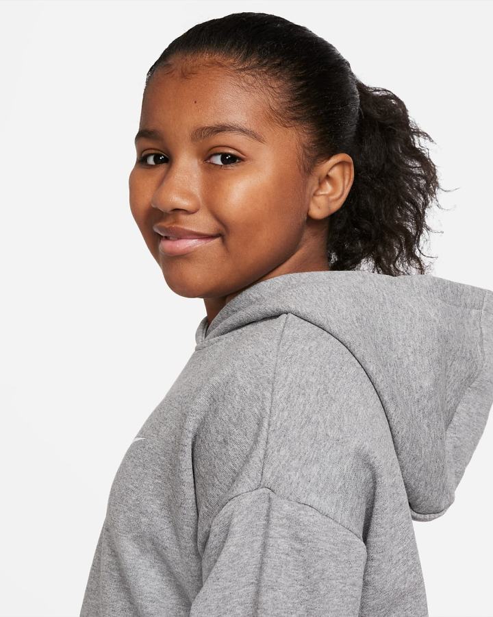 Sudadera Con Capucha Nike Sportswear Club Kids French Terry Cropped (Extended Size) Niña Gris Oscuro Blancas | GNFHJ-0259