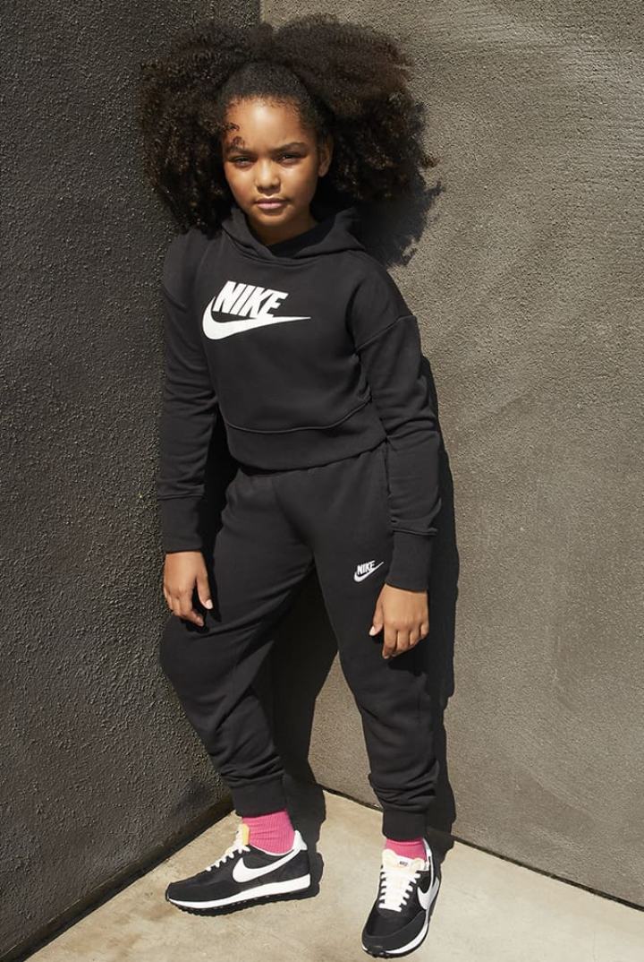 Sudadera Con Capucha Nike Sportswear Club Kids French Terry Cropped (Extended Size) Niña Gris Oscuro Blancas | GNFHJ-0259