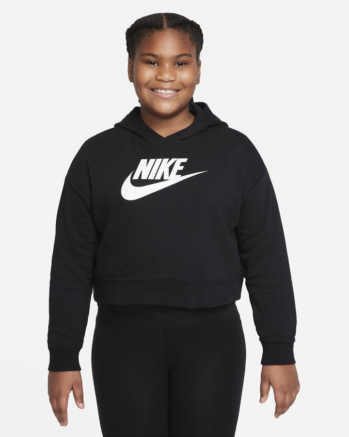 Sudadera Con Capucha Nike Sportswear Club Kids French Terry Cropped (Extended Size) Niña Negras Blancas | HKWQD-1672