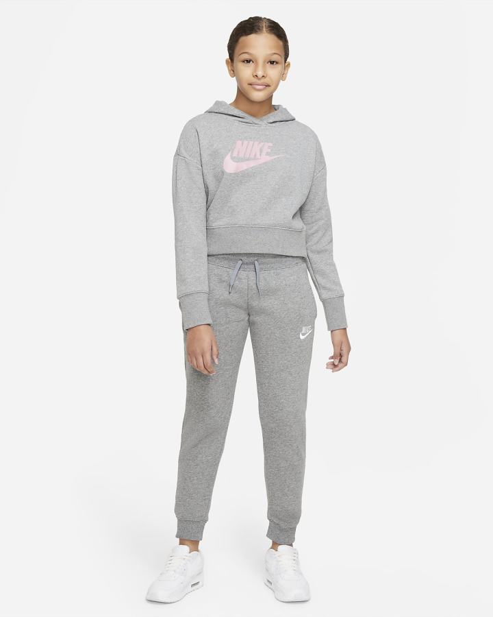 Sudadera Con Capucha Nike Sportswear Club Kids French Terry Cropped (Extended Size) Niña Gris Oscuro Rosas | IGTEP-9074