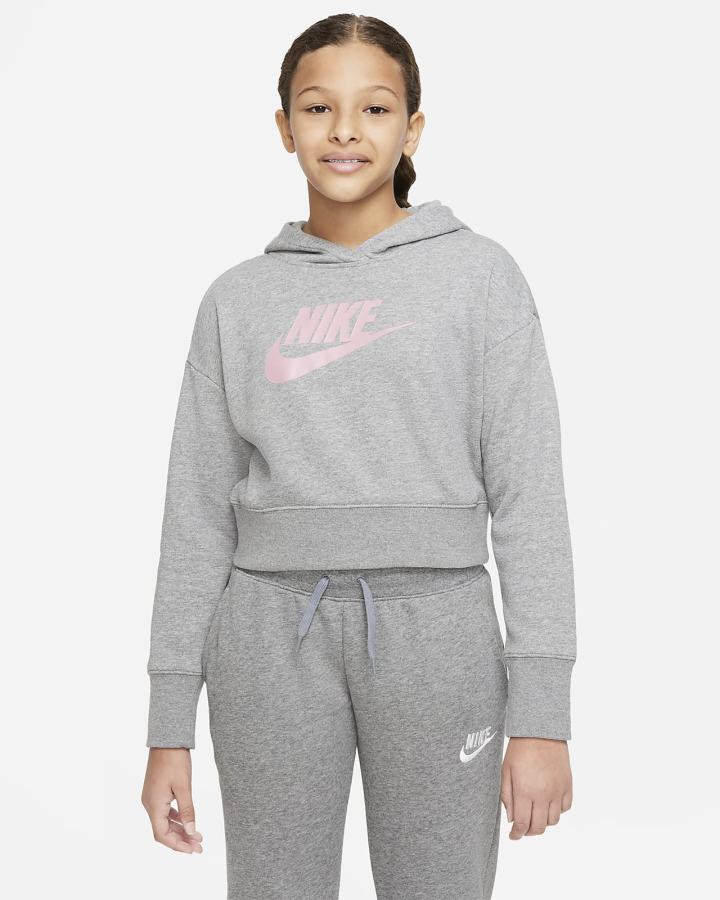 Sudadera Con Capucha Nike Sportswear Club Kids French Terry Cropped (Extended Size) Niña Gris Oscuro Rosas | IGTEP-9074