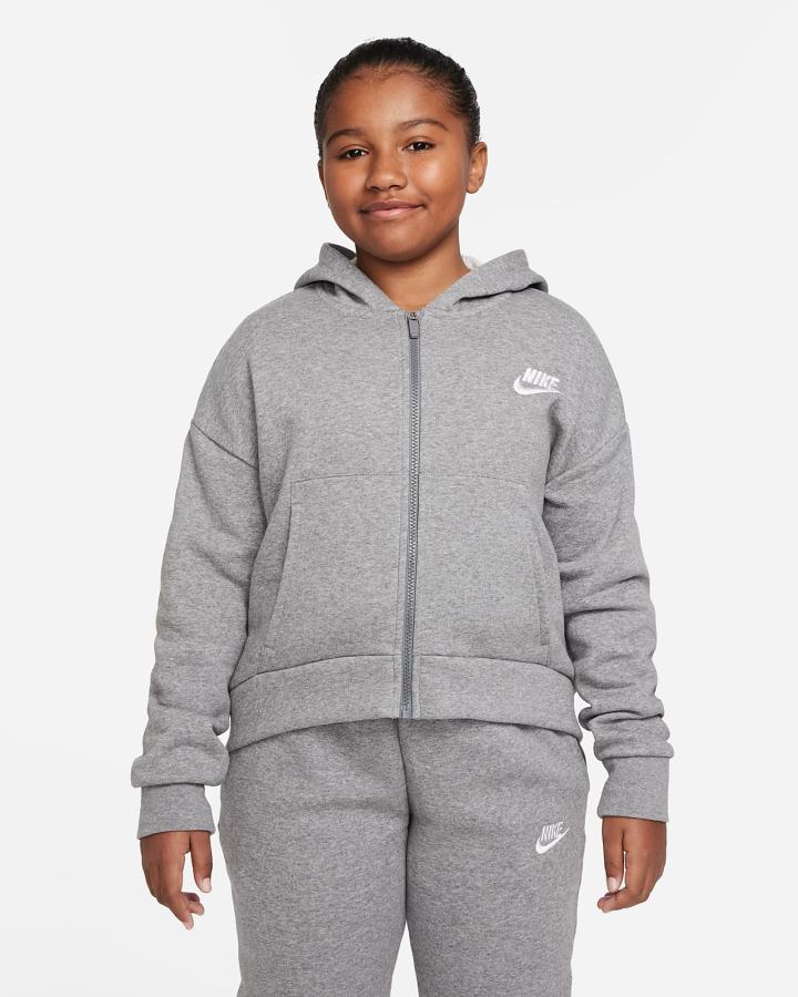Sudadera Con Capucha Nike Sportswear Club Fleece Kids Full-Zip Niña Gris Oscuro Blancas | OAFXE-4250