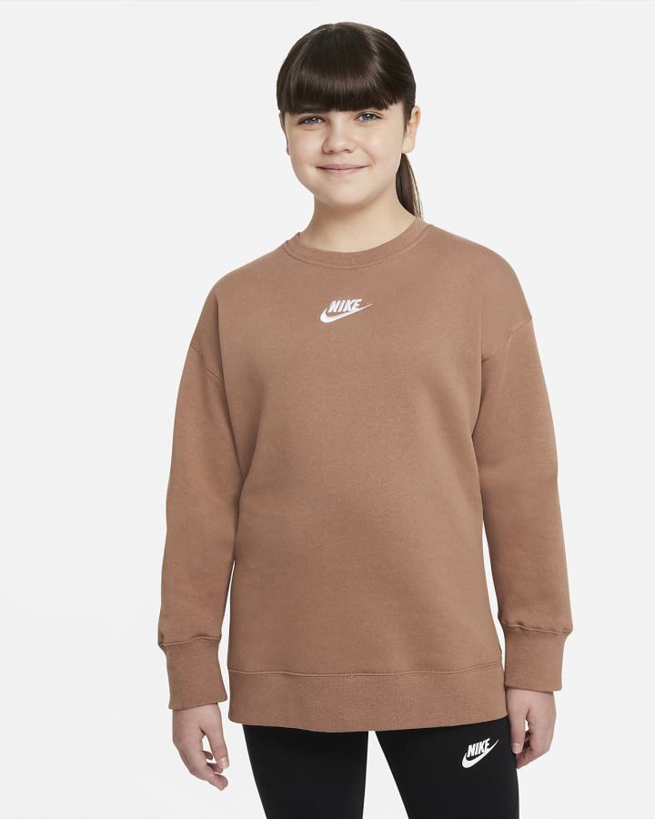 Sudaderas Nike Sportswear Club Fleece Kids Crew (Extended Size) Niña Marrones Blancas | JAIFS-2468