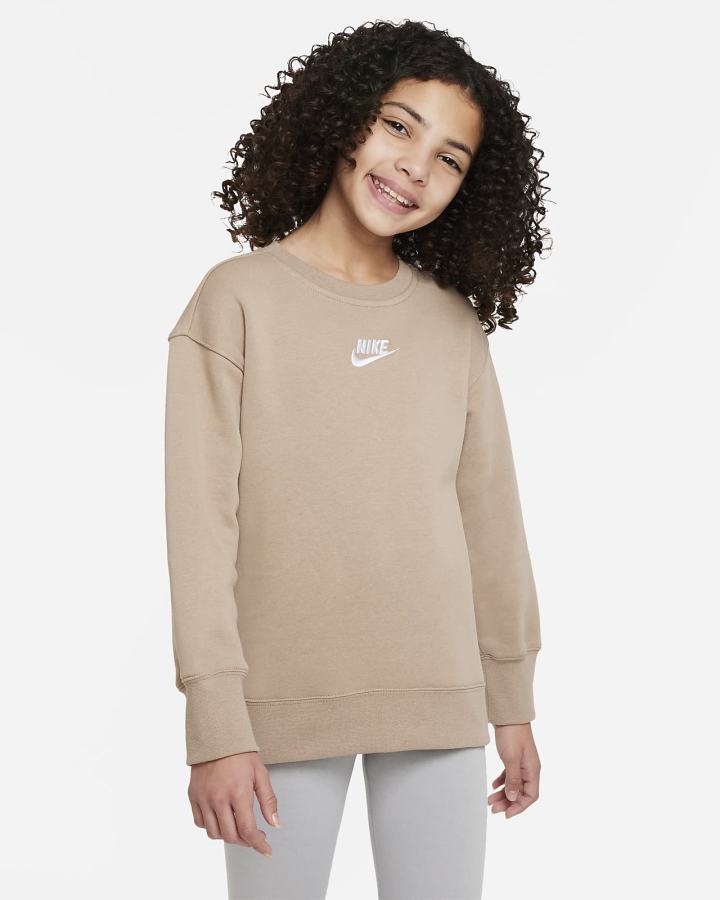 Sudaderas Nike Sportswear Club Fleece Kids Crew (Extended Size) Niña Kaki Blancas | XRYCL-8675