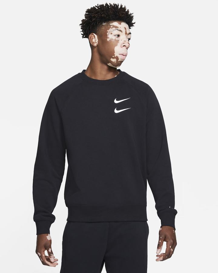 Sudaderas Nike Sportswear Swoosh French Terry Crew Hombre Negras Blancas | JKZYW-9520