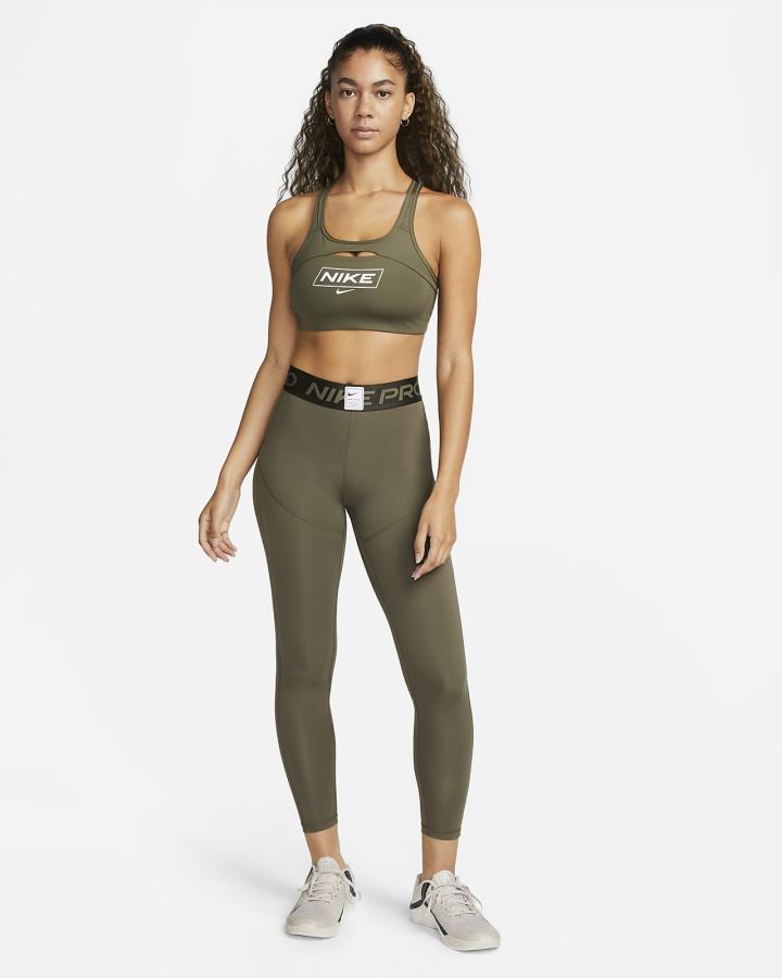 Sujetadores Deportivos Nike Pro Dri-FIT Swoosh Medium-Support Non-Acolchado Estampadas Mujer Verde Oliva Blancas | MBPAF-1407