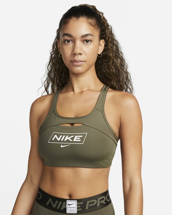 Sujetadores Deportivos Nike Pro Dri-FIT Swoosh Medium-Support Non-Acolchado Estampadas Mujer Verde Oliva Blancas | MBPAF-1407