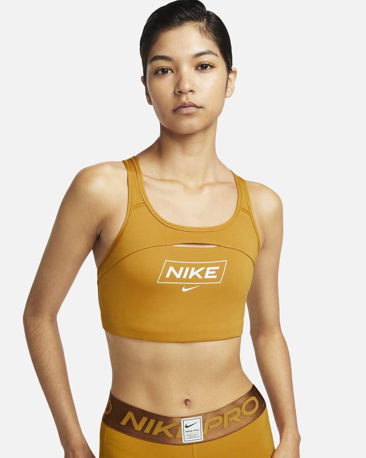 Sujetadores Deportivos Nike Pro Dri-FIT Swoosh Medium-Support Non-Acolchado Estampadas Mujer Doradas Marrones Verde | XWVSD-9825