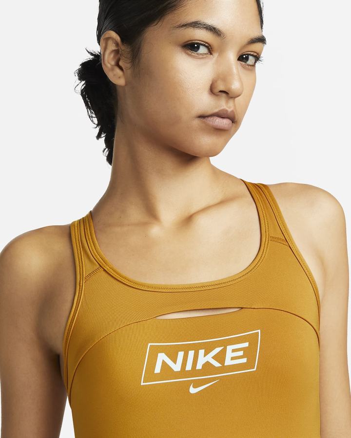 Sujetadores Deportivos Nike Pro Dri-FIT Swoosh Medium-Support Non-Acolchado Estampadas Mujer Doradas Marrones Verde | XWVSD-9825